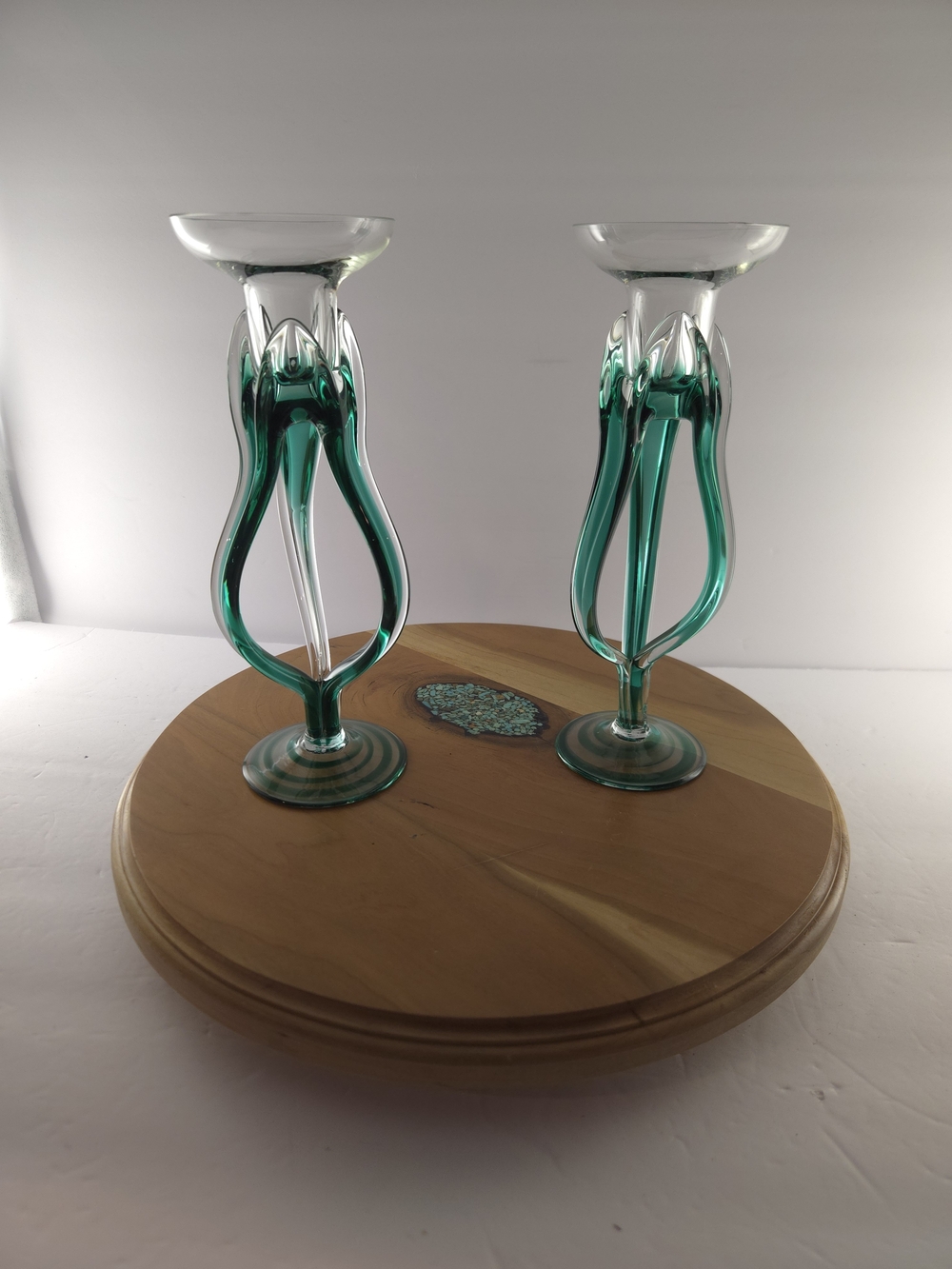 MCM Vintage Jozefina Krosno Green Art Glass Jellyfish Candlestick Holders Pair